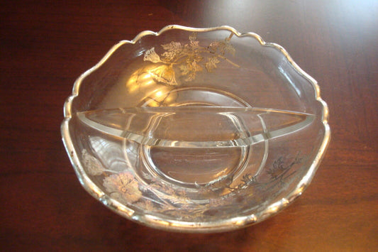 Vintage  Glass Crystal 2 division Fluted Bowl Sterling Overlay [GL17]