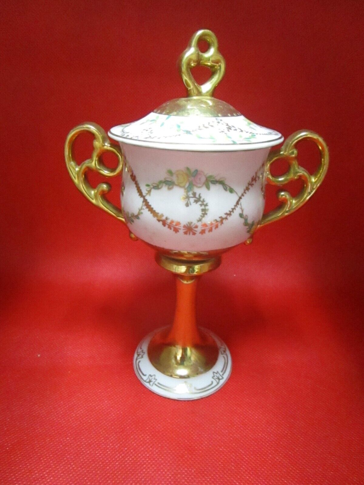 Arnart Japan footed covered dish bowl gold and flowers 8" [30K]