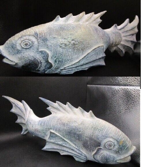 Koi Hand Carved 2 Fishes Sculpture Mango Wood Burned Embellished  2 Pcs ^^^