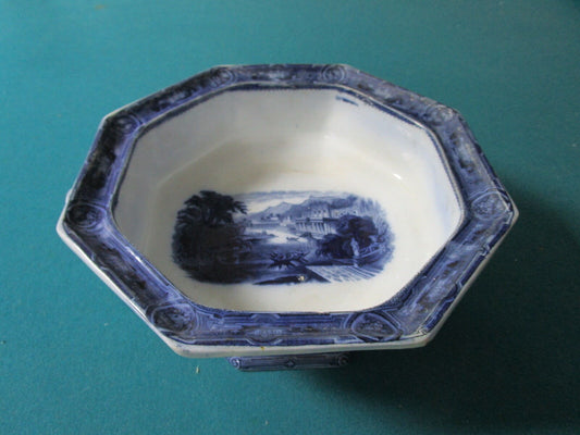 1840s Staffordshire footed bowl, blue and white, diamond mark, 4" x 10"[a*14]