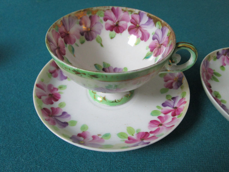 Midcentury Cups And Saucers Made In Japan Purple Pink Flowers Gorgeous