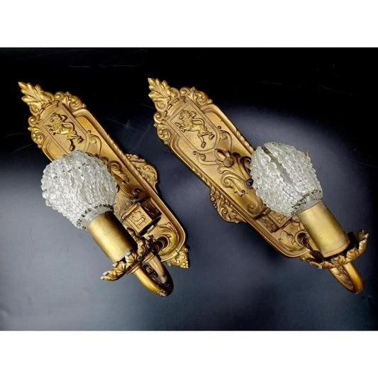 Vintage RIDDLE USA 1920s Pair GILT METAL and Glass Sconces 14"