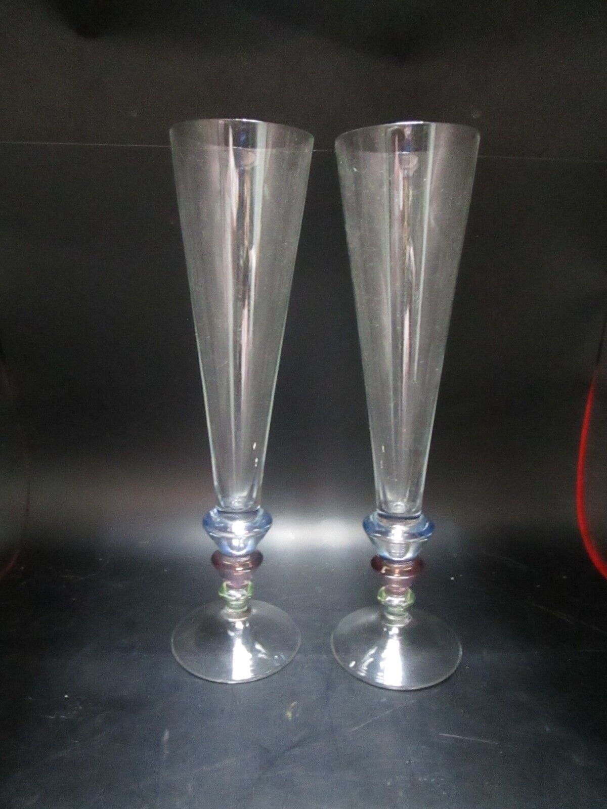 Pair of Italian champagne goblets 10" midcentury multicolor stem