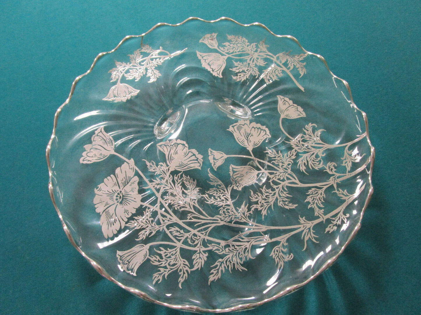 VINTAGE HEISEY GLASS SILVER OVERLAY FLORAL TRAY BOWL CANDLE HOLDER -PICK ONE