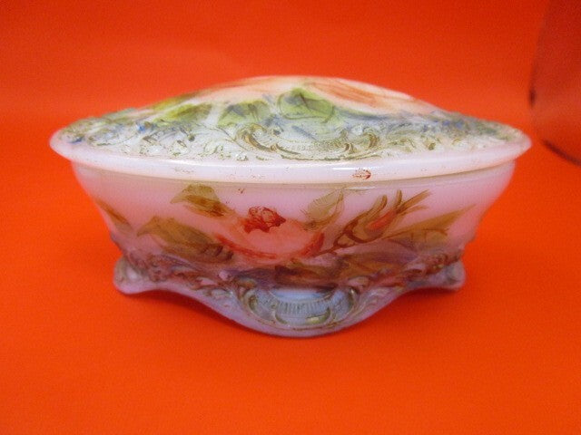 Antique Victorian Milk Glass Floral Oval Trinket Jewelry Box 2 X 4"