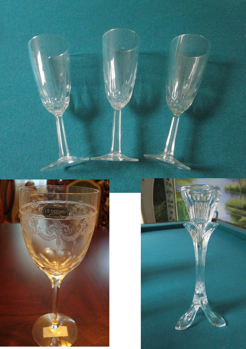 DURAND CRYSTAL FRANCE CANDLESTICK, GOBLETS WINE GLASSES CHAMPAGNE FLUTES