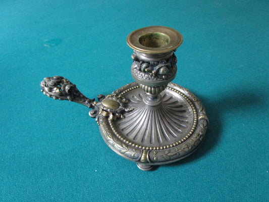 Victorian Brass Repousse Medallion Candle Holder With Handle 4 X 7"^^