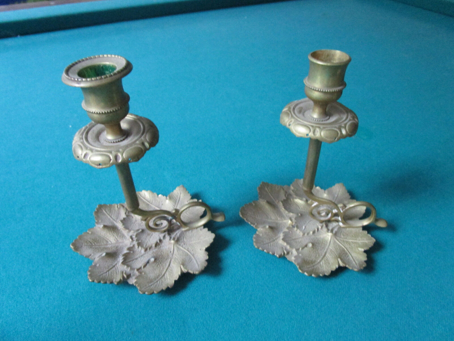 ANTIQUE BRASS PAIR CANDLE HOLDERS WITH HANDLE ORIGINAL