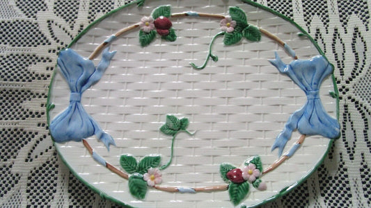 THE HALDEN GROUP POTTERY RIBBONS FLOWERS OVAL SERVING TRAY BASKET WEAVE