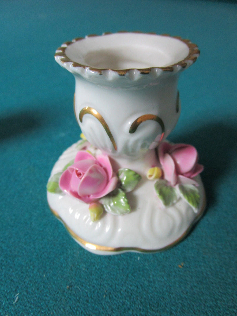 DRESDEN GERMANY PAIR OF CANDLE HOLDERS ROSES AND GOLD 2" TALL [*a14]