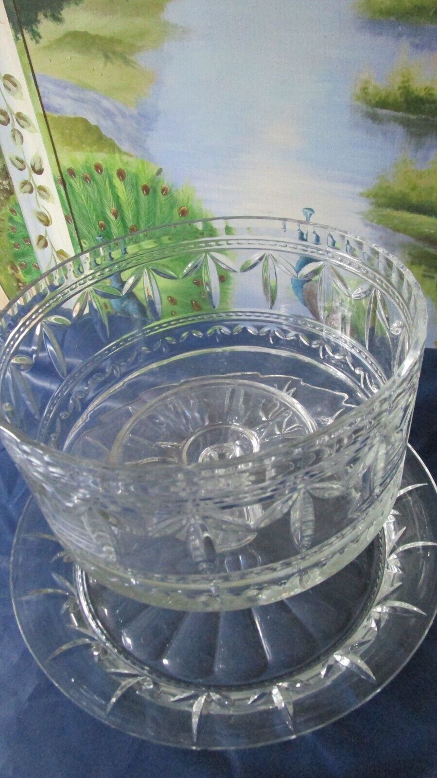 WATERFORD PEDESTAL PUNCH BOWL CAKE STAND FINLEY PATTERN WITH 4 PUNCH GLASSES