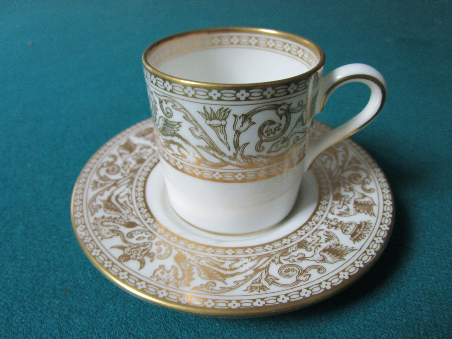 WEDGWOOD ENGLAND  ANTIQUE COFFEE CUP AND SAUCER GOLDEN FLORENTINE ORIGINAL