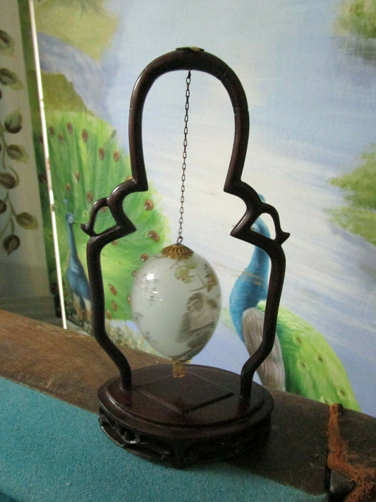 Chinese Hand Blown Reverse Painted Hanging Glass Egg With Stand IN ORIGINAL BOX