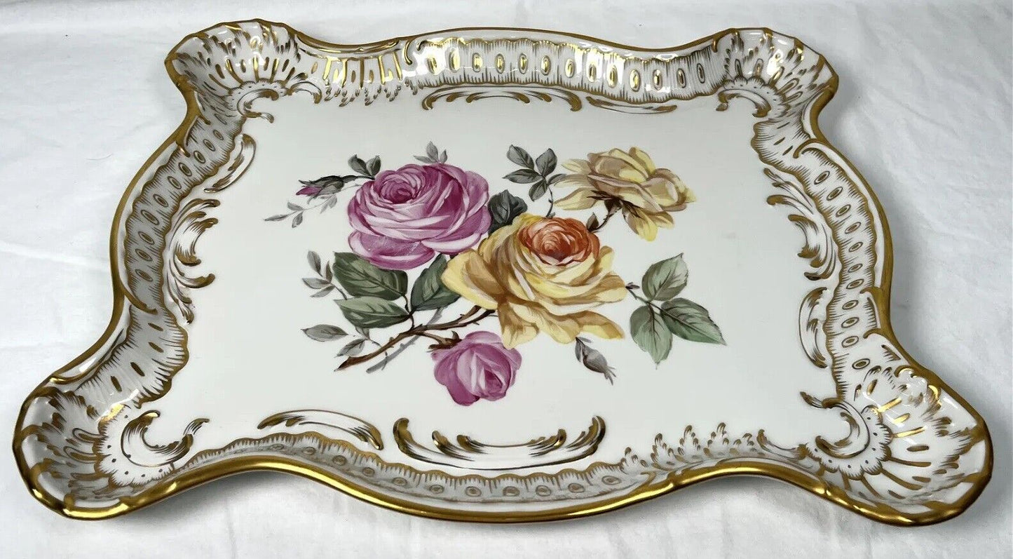 19th CENTURY EDME SAMSON CIE LARGE FLORAL CERAMIC TRAY ROSES AND GOLD 18"