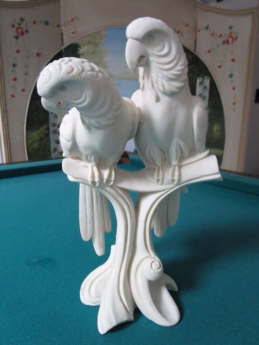 Vintage Nouveau ITALIAN PARROTS ON BRANCH Statue Chalkware Plaster 14"