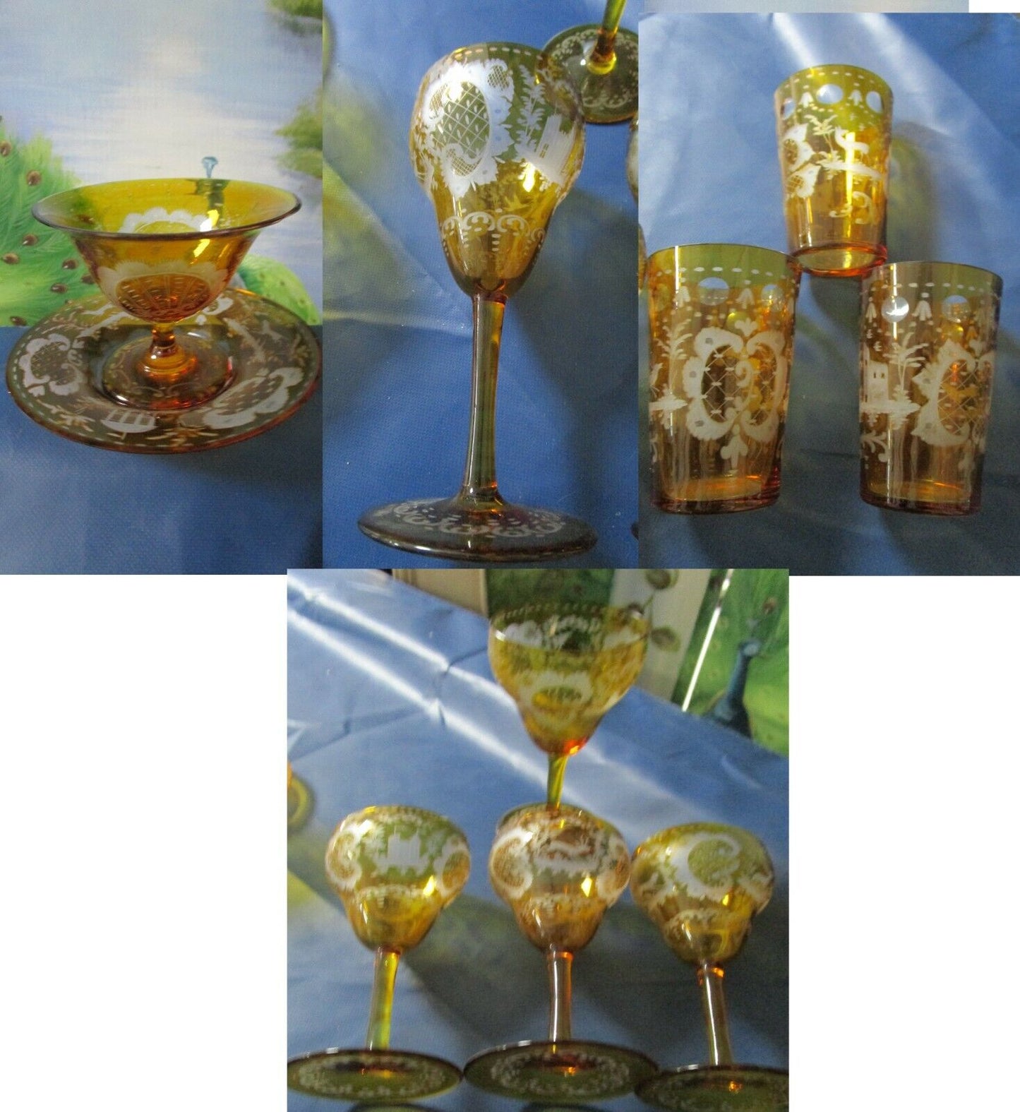 AMBER CRYSTAL bohemian WINE WATER GLASSES - SORBET AND PLATE - CORDIALS - PICK1