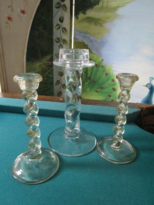 Vintage pressed glass twisted body 3 candle holders amber and clear 3pcs