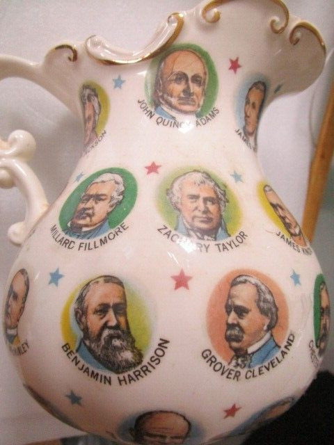 Pitcher From Chadwick-Miller 1965, Japan,decorated w/ faces of presidents RARE