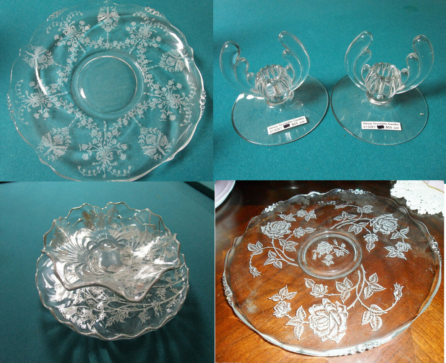 VINTAGE HEISEY GLASS SILVER OVERLAY FLORAL TRAY BOWL CANDLE HOLDER -PICK ONE