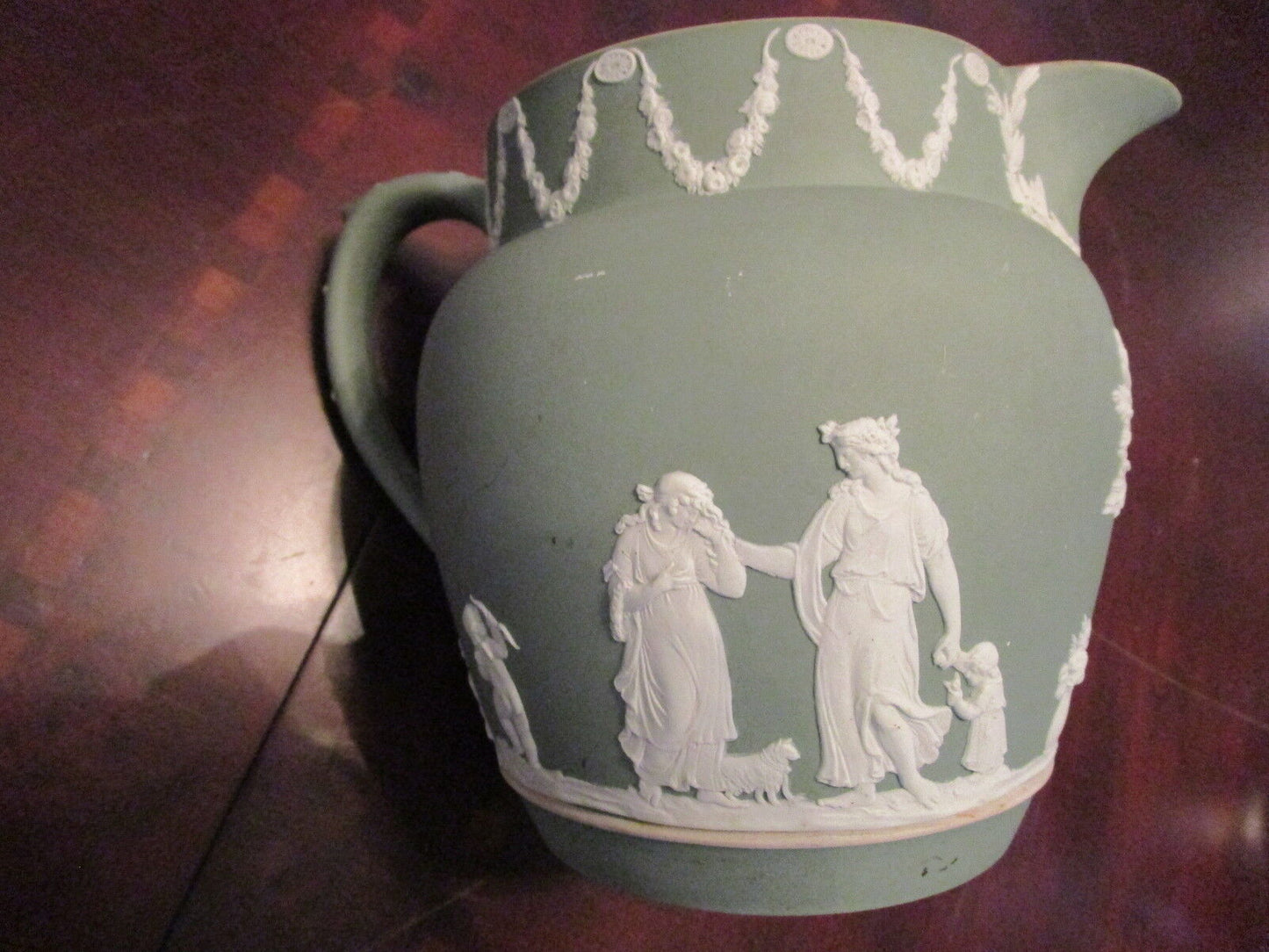 Antique 1800s Wedgwood, England, jug green jasperware, and handle, impressed[*6