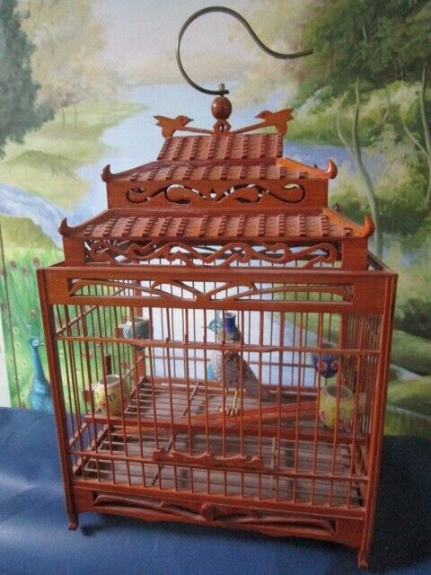 ANTIQUE CHINESE BIRD TEAK CAGE WITH CERAMIC BIRD 17 X 9 X8"