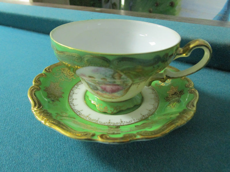 JAPAN LUSTERWARE GREEN FRAGONARD  FLORAL TEA CUP SAUCER [86]