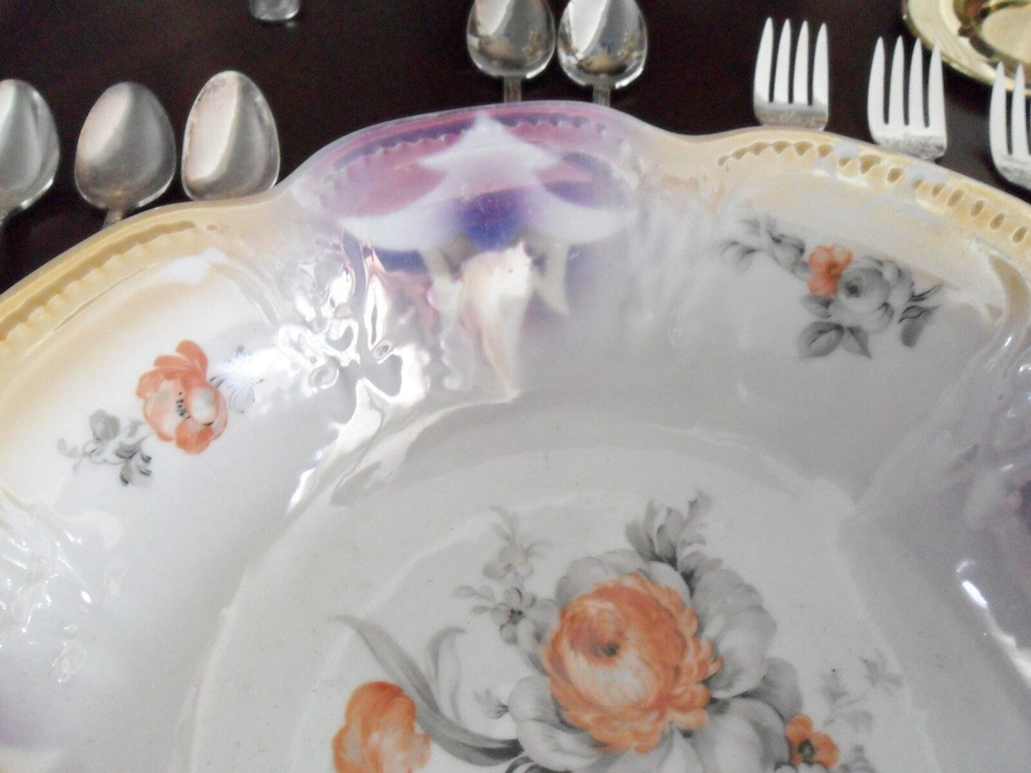 German lusterware purple, orange and roses bowl [2]