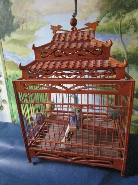 ANTIQUE CHINESE BIRD TEAK CAGE WITH CERAMIC BIRD 17 X 9 X8"