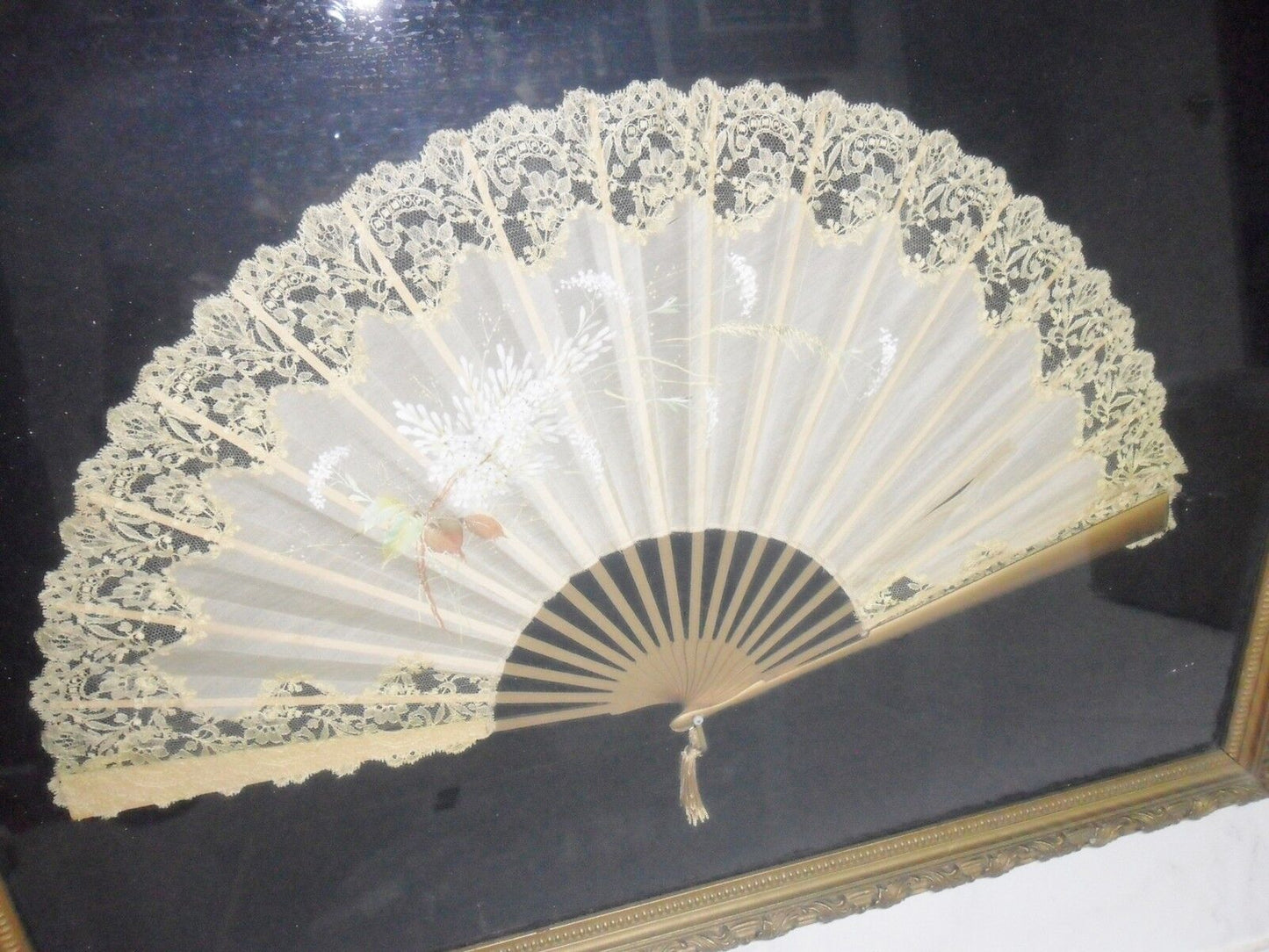 1800s hand fan handpainted, silk and lace, wooden handle, gorgeous frame