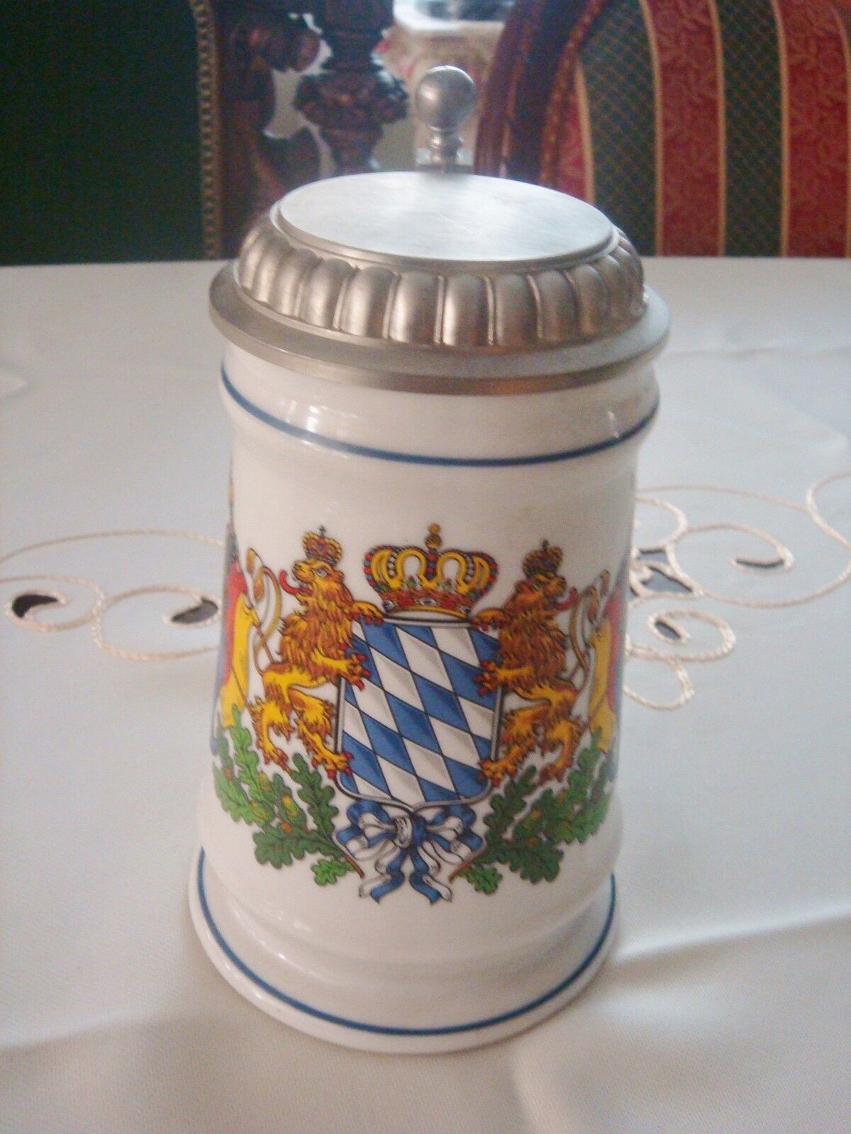 Unmarked Stein made in Germany, covered, pewter cover, 7"  ORIGINAL