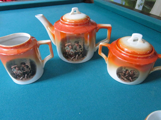 ZSOLNAY HUNGARY COFFEE SET ORANGE LUSTERWARE MURILLO STENCIL DECOR 1940s RARE