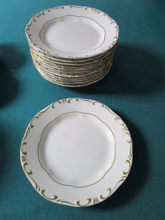 ZSOLNAY HUNGARY 6 SALAD PLATES WHITE CREAM/GOLD ACCENT, 1960s ^^