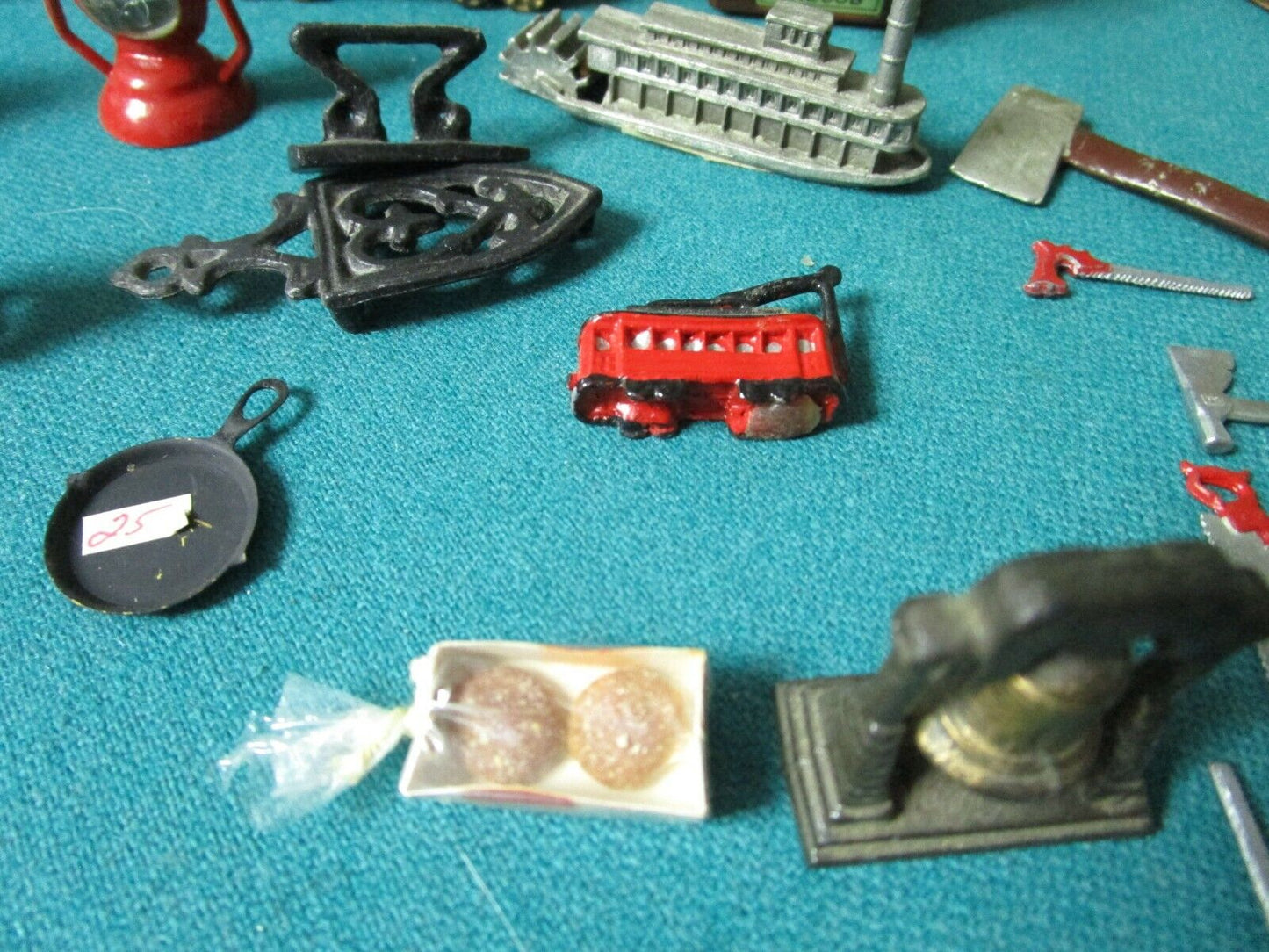 ANTIQUE MINIATURE TOYS LOT AND 2 WOODEN RACK 51 MINIATURES