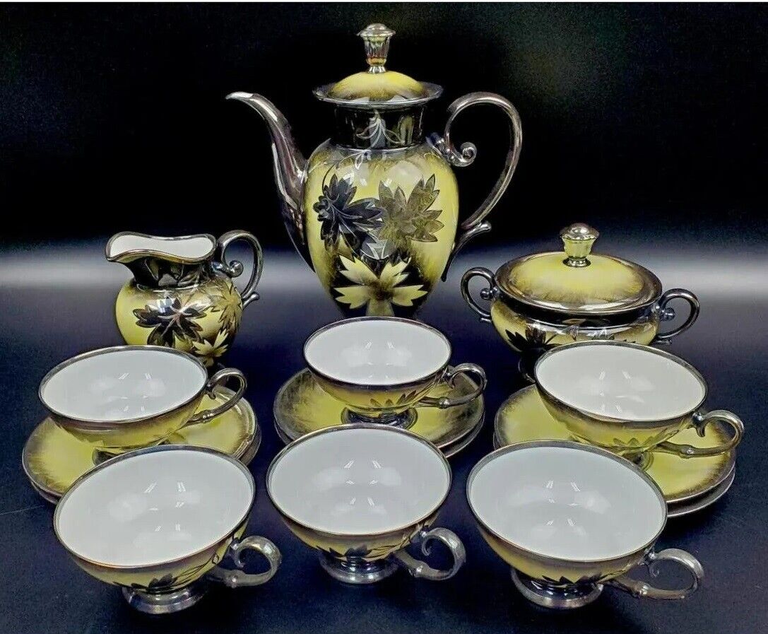 TIRSHENREUTHER GERMANY COFFEE SET BLACK GREEN YELLOW LEAVES PLATINUM 15PCS