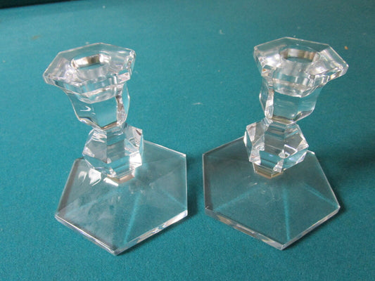 VAL ST LAMBERT Belgium original CRYSTAL GARDENIA pair of single  CANDLE STICK