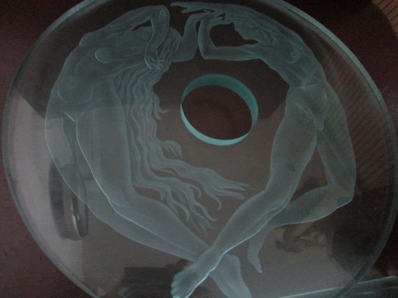 NAKED DIVERS COUPLE TABLE SCULPTURE LARGE 16 X 15 X 6" ETCHED GLASS