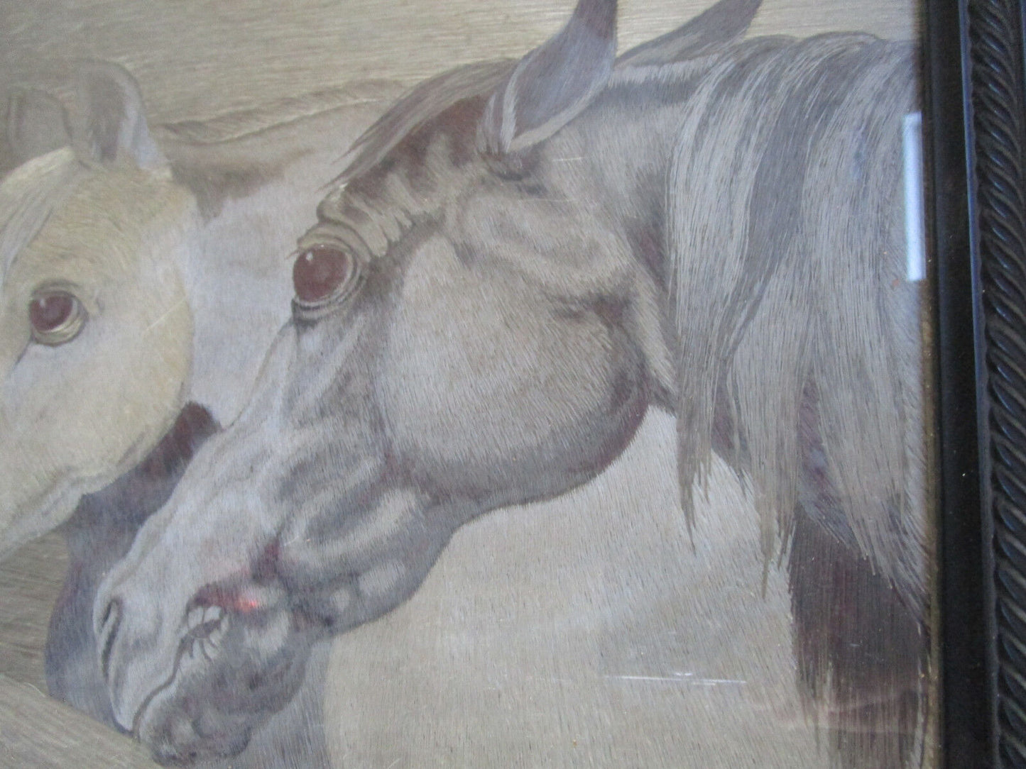 VINTAGE WOVEN SILK PAINTING ART THREE HORSES 16 1/2  12 1/2"