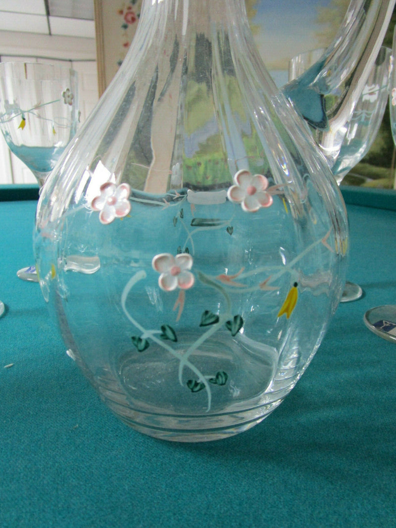 CRYSTAL DECANTER AND 6 GLASSES EUROPEAN MADE IN ROMANIA APPLIED FLOWERS