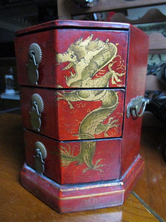 Antique Chinese Jewelry Box, golden dragons and 3 drawers, brass handles[a3]