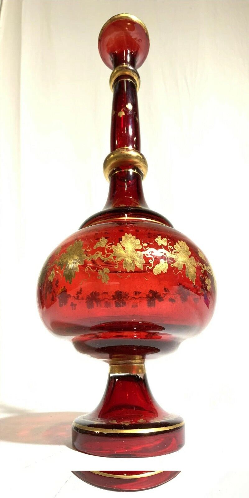 ANTIQUE BOHEMIAN GLASS RED VASE cranberry with gold gilt  floral, vine and leaf