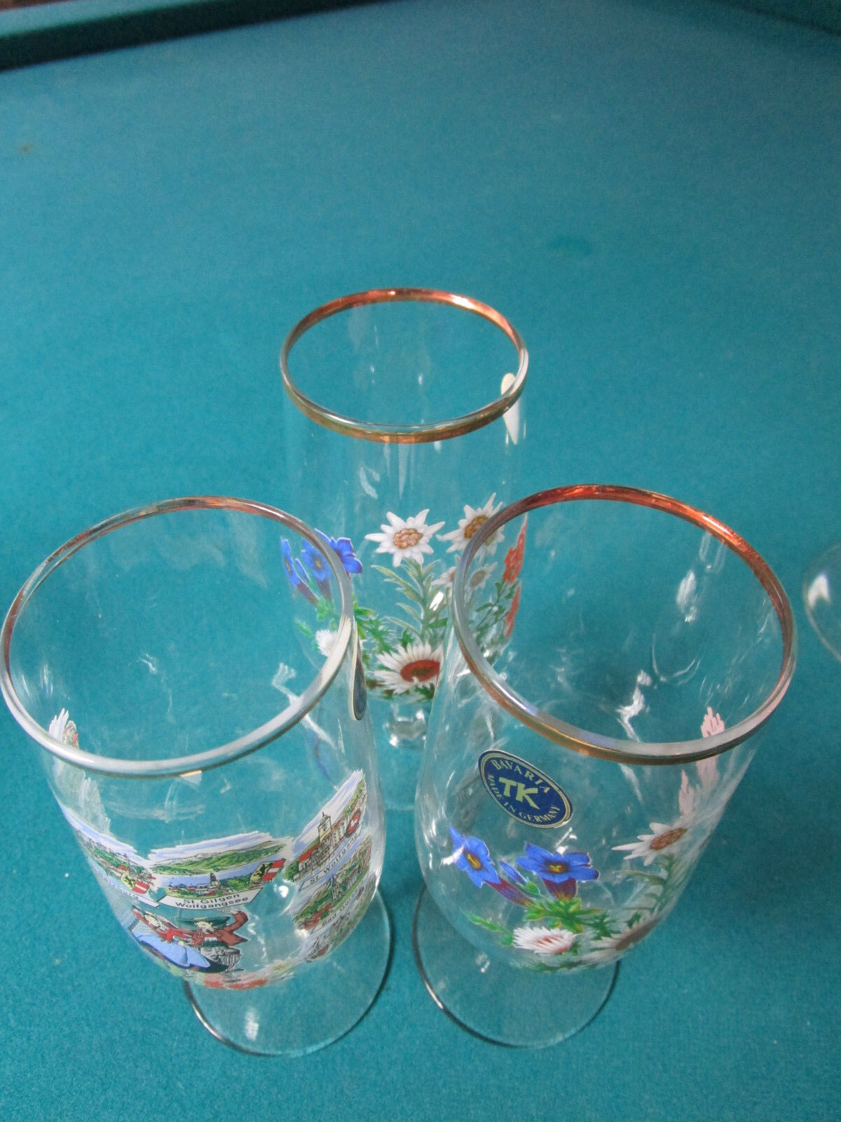 TK BAVARIA GERMANY THREE HAND PAINTED WINE GLASSES FLOWERS DANCING COUPLE SOUVEN