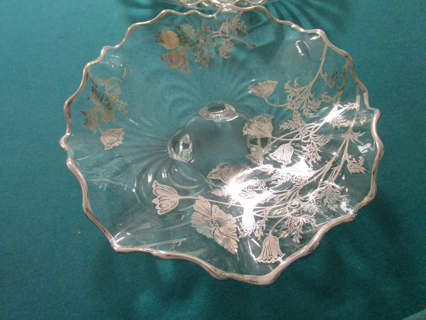 VINTAGE HEISEY GLASS SILVER OVERLAY FLORAL TRAY BOWL CANDLE HOLDER -PICK ONE