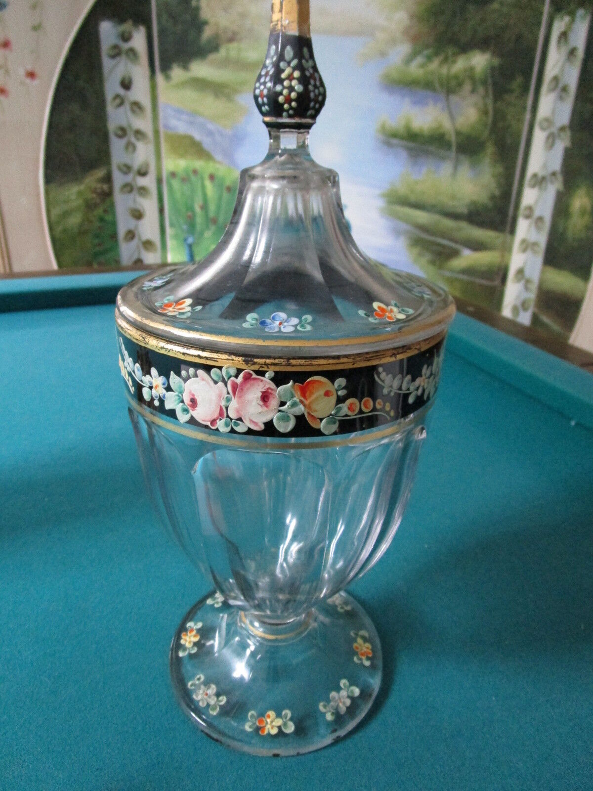 VICTORIAN HAND PAINTED Glass footed covered CANDY DISH ANTIQUE 13"