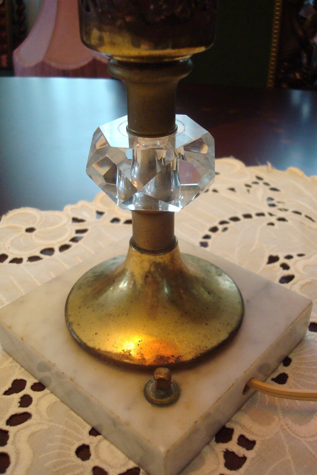 Vintage TABLE BOUDOIR LAMP , glass, brass and marble base with red shade