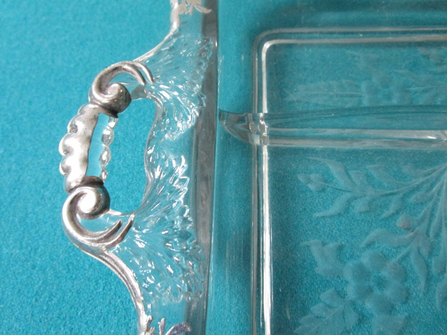 SILVER OVERLAY GLASS TRAY WITH ONE SERVER AND A PIN ANTIQUE