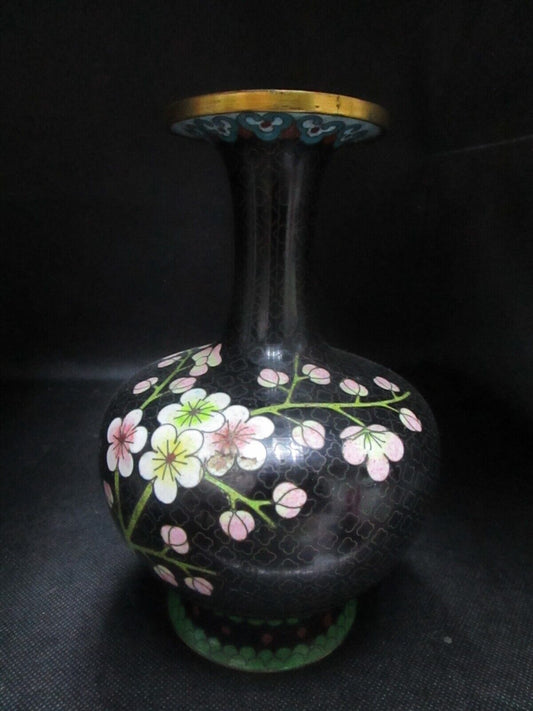 Vintage Chinese Coisonne Enamel Chrysanthemum cherry blossom on black 6.50"