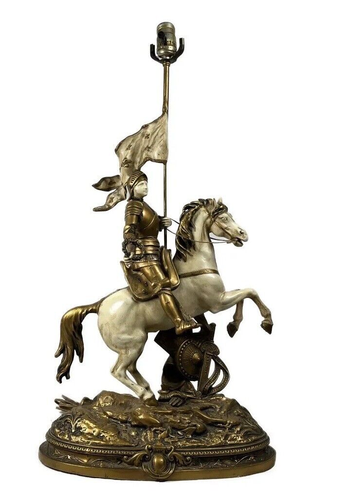 THEODORE DORIOT JOAN D'ARK ON HORSE SCULPTURE TABLE LAMP 30"