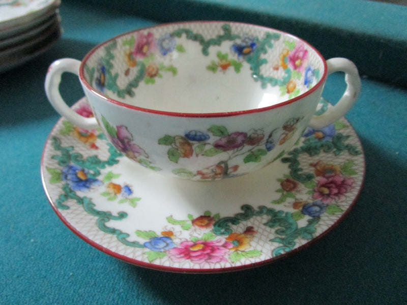 CAULDON ENGLAND CONSOME SOUP CUP SAUCER VICTORIA PATTERN LACE AND FLOWERS c1904