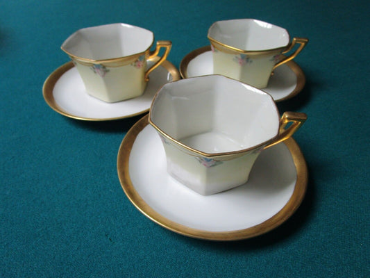 TRESSEMAN & VOGT T & V LIMOGES FRANCE 6 SIDES 3 CUPS AND SAUCERS [*RS1BSKT]