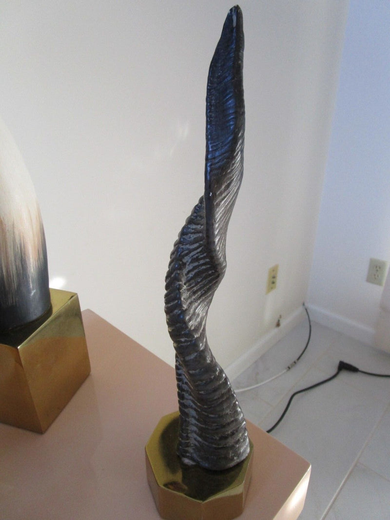 SET OF CERAMIC DECORATIVE HORNS WITH BRASS BASE 24" TO 14" TALL rare